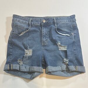 Dollhouse Blue Distressed Rolled Cuff Denim Shorts